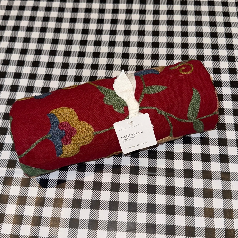 Pottery Barn Mazie Suzani Floral Embroidered Cotton Table Throw NWT 50”x50”